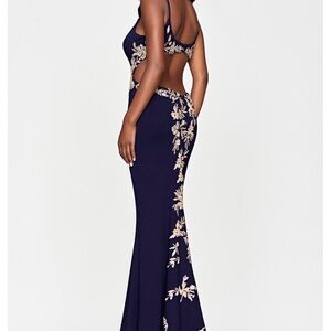 Faviana Navy Backless Dress with Gold Detailing